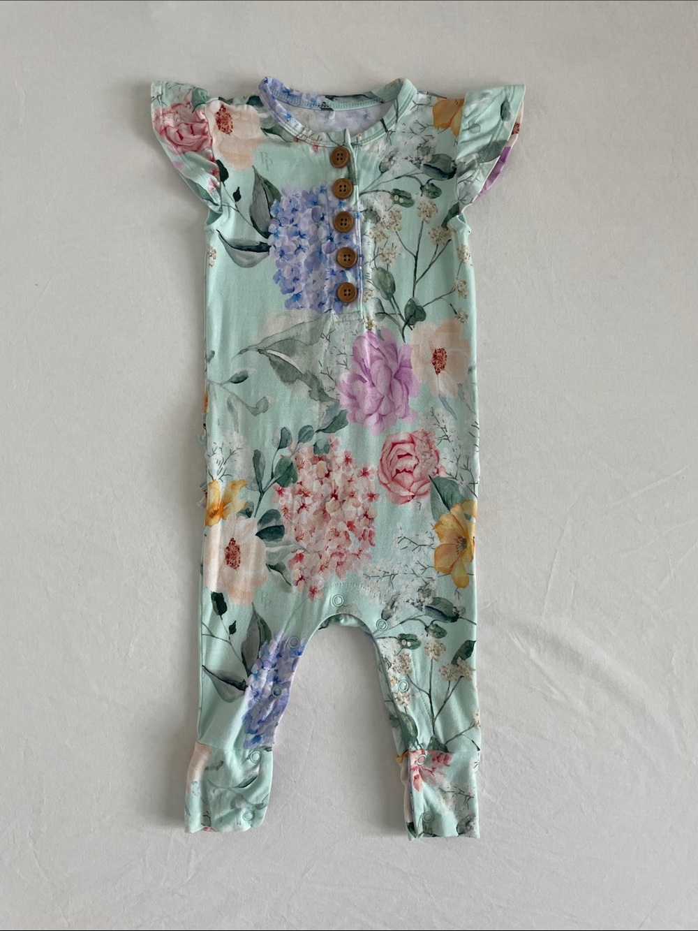 Posh Peanut Mint Floral One-Piece Bodysuit with Multicolor Blooms 6-9m (VGUC)
